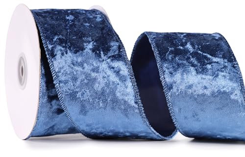 MAYREEL 2.5 Inch Navy Blue Crushed Velvet Ribbon Wired Midnight Blue for Christmas Decorations Gift Wrapping Wreaths Tree Toppers 10 Yards