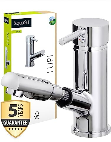 aquaSu® Waschbeckenarmatur mit Haarbrause & Excentergarnitur, Waschtischarmatur Badarmatur Einhebelmischer Wasserhahn Bad, Keramikkartusche, Wasserspar-Mischdüse, Messing verchromt, Standard-Montage
