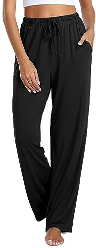 Vlazom Damen Schlafanzughose Modal Lang Weich Loungehose Freizeithose Yogahose Nachtwäsche Hosen mit Taschen Pyjamahose mit geradem Beinil(L,Schwarz)