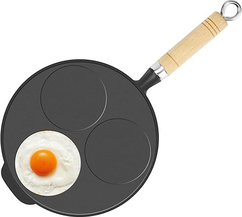 Linkidea Gusseisen 3 Tassen Eierbratpfanne, Geeignet für Gasherd & Induktionsherd, Eierpfanne zum Frühstück, Langlebig, Einfaches Wenden, Gesunder Unbeschichteter Eierkocher mit Holzgriff