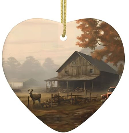 Farm Deer House Painting Christmas Ornaments, Christmas Decorations Xmas Tree Hanging Ornaments, Heart-Shaped Ceramic Festive Keepsake Gift for Christmas Decorations Holiday Home Party