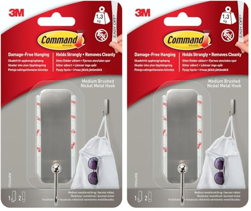 Command Medium Brushed Nickel Hook, 17034, 1 Hook, 2 Strips (Pack of 2)
