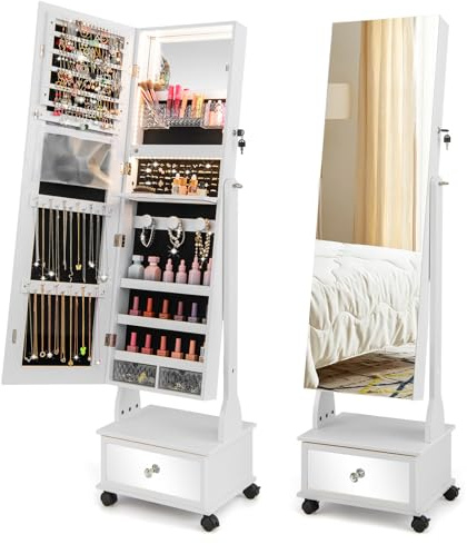 GOPLUS Armoire à Bijoux avec Roues, Organisateur de Bijoux Verrouillable avec LED 3 Couleurs, 3 Angles Réglables, Miroir Intégré, Armoire à Bijoux avec Miroir sur Pied avec Grand Rangement (Blanc)