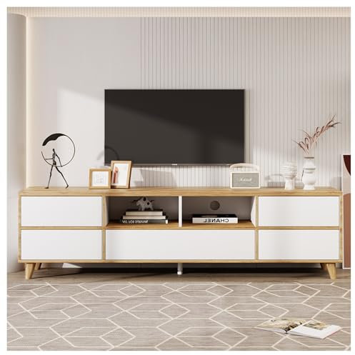 Racxily Meuble TV, meubles de salon aux couleurs blanc et bois, style naturel et rustique, buffet bas, meuble TV salon, 175 cm