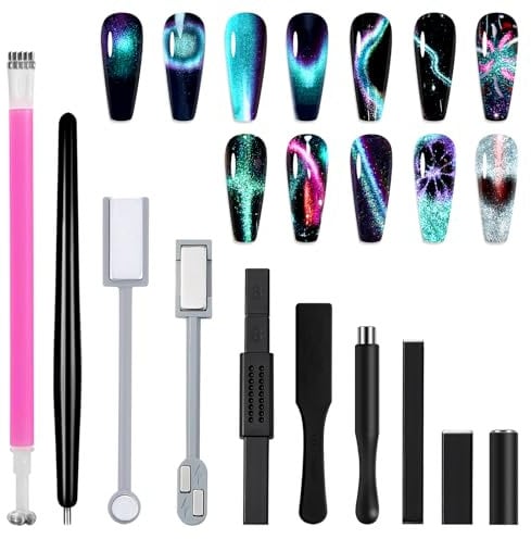 Allstarry 10pcs Nail Magnet Tool Set, Double-head Strong Suction Nail Magnet Stick Cat Eye Flower Design Nail Magnets Pen Plate Wand Board for 9D Strip Galaxy Magnetic Cat Eye Gel Nail Polish Nail Art