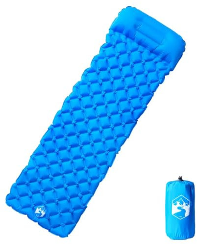 vidaXL Isomatte, Luftmatratze mit Integriertem Kissen Tragetasche, Campingmatte Aufblasbar Tragbar Wasserfest, Schlafmatte, Blau 40D-Nylon