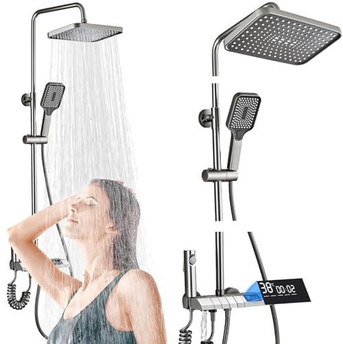 Colonne de Douche LED Acier Inox + ABS (Gris), Système Douche avec Écran Température & Heure, 4 Modes, Hauteur Réglable, Haute Pression & Économie d’Eau, Design Moderne