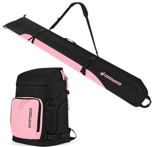 Odoland Bolsa de Esquí y Mochila para Botas 55 L Bolsas Acolchadas para Esquís y Botas de Esquí para Viajes en Avión, Bolsa Impermeable para Guardar y Transportar Equipo de Esquiar de 200 cm, Rosa