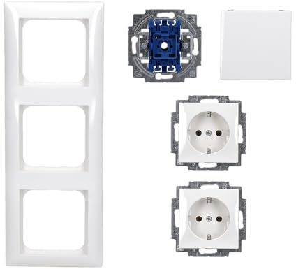 Busch-Jaeger Balance SI Set: 2x 20 EUC-914 Steckdose + 2000/6 US Wippschalter-Einsatz + 2506-914 Wippe + 1723-914 3-fach Rahmen Alpinweiß
