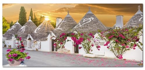 Lupia - Quadro moderno su Tela Canvas DEEP 65X143 cm, con paesaggi e localismi italiani, per casa, soggiorno, capezzale camera da letto, hotel, ufficio, PUGLIA - TRULLI DECORATI