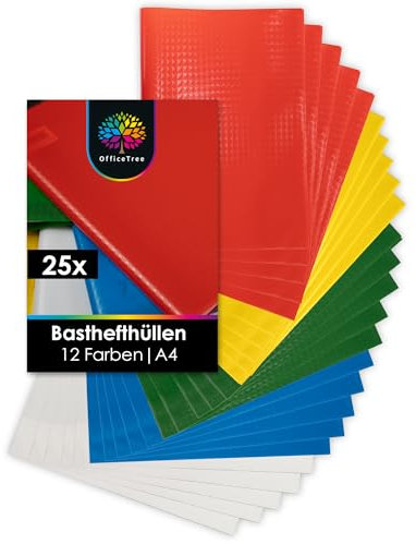 OfficeTree 25x Fundas de Cuadernos A4 – 5 Colores – Aspecto de Rafia - incluidas 25 Etiquetas - Forrar Libros Escolares para el Colegio y la Oficina - Fundas de Plastico para Libros y Cuaderno