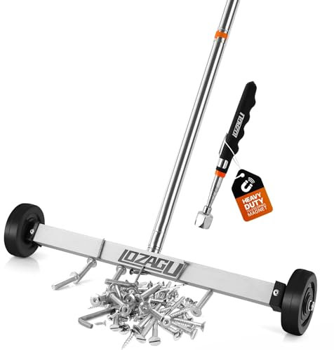 LOZAGU 17 Rolling Magnetic Sweeper, Magnetic Pick-Up Tool Sweeper with Wheels, 8.8 Lbs Pull Force with Telescoping Holder