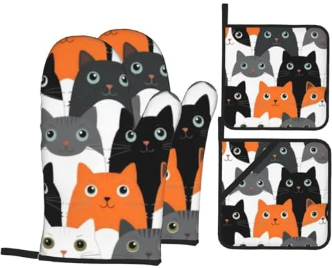 Ofenhandschuhe und Topflappen, niedliche Tier-Katzen-Ofenhandschuhe mit Topflappen, rutschfeste Handschuhe, hohe Hitzebeständigkeit, 500 Grad für Grill, Grill, Backen, Kochen, Ofen, Mikrowelle, 4