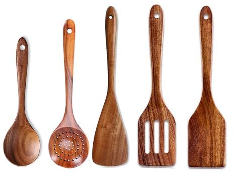 Kopinma Ustensiles de cuisine en Bois de Teck, Spatule en bois, Cuillère à Soupe, Louche et une Passoire pour la Cuisine, Ensemble de Cuillère en bois Cuisine, Naturels et Sains Antiadhésifs