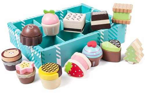 Donmills 13pcs Wooden Dessert Set Toddler Pretend Play Toy Food, Sweets Playset with Muffin, Cupcake, Chocolate Cake & Roll, Kids Food Toys Play Kitchen Accessories Boys and Girls Birthday Gift