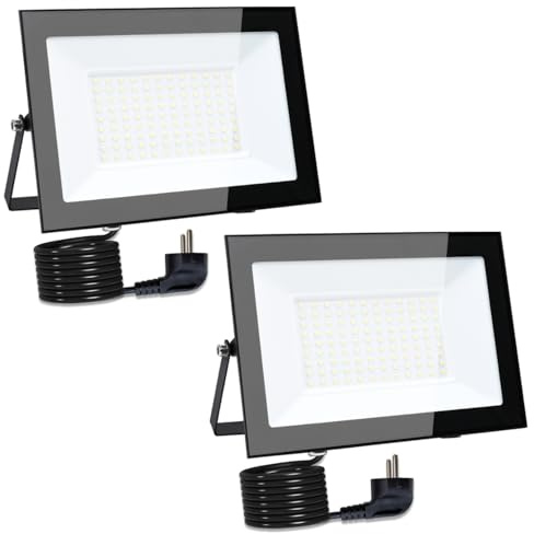 MOLVCE Led Strahler Außen 100W 6000K Kaltweiß 2 stück, Aluminium Superhell 8500LM LED Scheinwerfer mit Stecker und 3 Meter Kabel, IP66 Wasserdicht Außenstrahler für Garten, Parkplatz, Garage