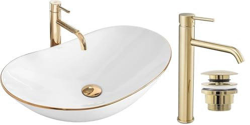 GTM Design Aufsatzwaschbecken Set mit Waschtischbatterie und Stopfen - Aufsatzwaschbecken Oval für Badezimmer - Modern Waschbecken ohne Hahnloch - Waschbecken mit Armature - Modell 5