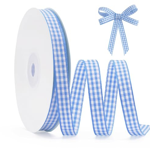 FAKILO Schleifenband Hellblau Gingham-Band 10mm x 22m Geschenkband Hellblau - Weiß Büffelkariertes Kariertes Band für Weihnachten, Geschenkverpackungen, DIY Basteln