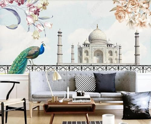 Tzxztt Peacock Castle Rustic Vintage Wanddekoration Moderne 3D Tapete Geprägte Seide Neutrale Töne Material Ideal Für Wohnzimmer Schlafzimmer-200cm×140cm