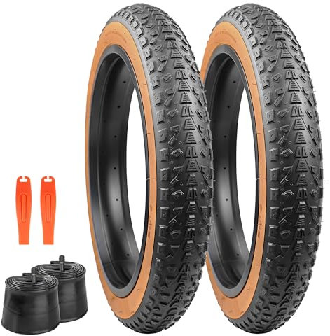 20x3.0 Zoll E-Bike Reifen–76-406 Fahrradmantel-Fatbike-Reifen mit Anti-Rutsch-Profil Für Elektrofahrräder/Fat Bike/MTB (Schwarz mit brauner Rand, 2-Set (2 Reifen + 2 Schläuche + 2 Reifenheber))