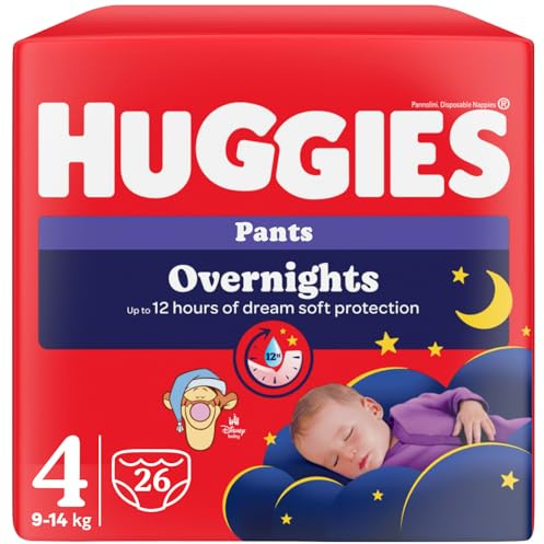 Huggies Overnight - Pañales de noche para bebé, talla 4 (9-14 kg), pañales absorbentes para la noche, diseño Disney, paquete de 26 bragas