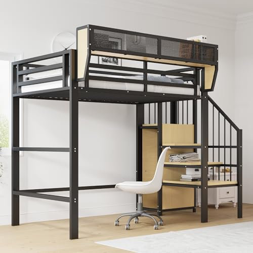 Dolamaní Letto a soppalco 90 x 200 cm, struttura in metallo con scala di sicurezza e armadio, altezza 191 cm, letto con rete rimovibile e protezione da caduta, per adolescenti adulti (nero)