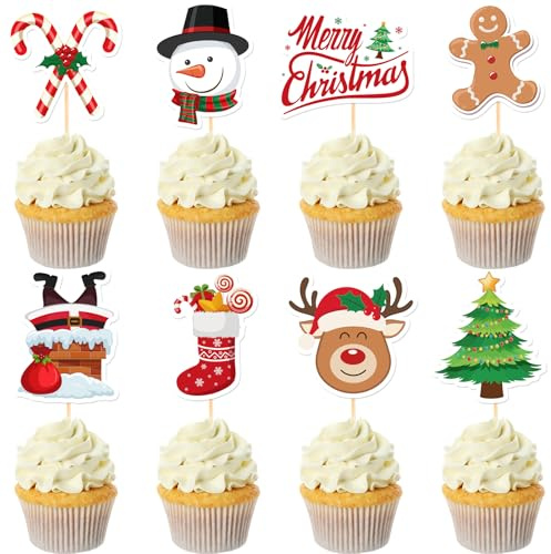 NEBURORA 64 Stück Weihnachts-Cupcake-Topper, Weihnachtsmann, Schneemänner, Kuchenspieße, Frohe Weihnachten, Zahnstocher-Flaggen für Party-Dekorationen