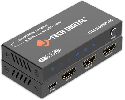 J-Tech Digital 8K HDMI 2.1 Splitter 1 in 2 Out, HDMI 1x2 Splitter 8K@60Hz 4K@120Hz 1080P@240Hz, Duplicate/Mirror Screen 3 EDID Modes with Downscaling [JTECH-8KSP12E]