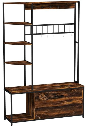 HOMCOM Porte-manteau avec Étagère à Chaussures avec Banc 4 en 1 Marron | Industriel, 10 Crochets, 3 Étagères, Armoire à Chaussures Rabattable 2 Niveaux, Meuble d'entrée, Vestiaire d'Entrée