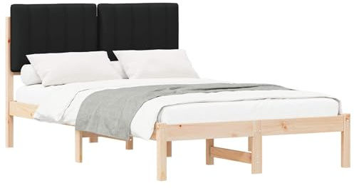 vidaXL Bettgestell mit gepolstertem Kopfteil Natürlich und Schwarz, Moderner rechteckiger Bettrahmen, gepolsterter Kopfteil, aus massivem Kiefernholz, stylisches Möbel für Dein Schlafzimmer