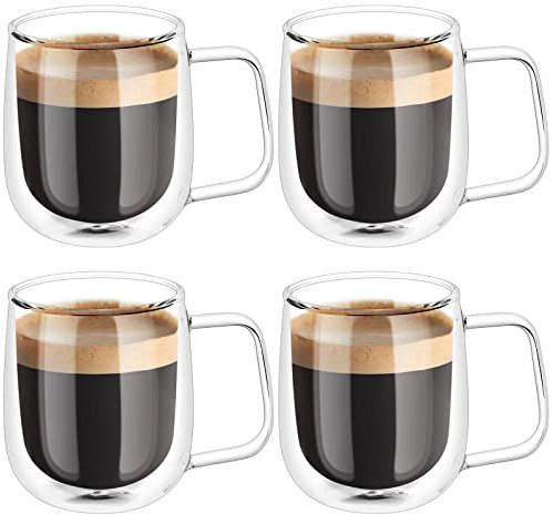 Vicloon 4x250ml Double Walled Coffee Glasses Mug, Borosilicate Heat Resistant Glass Cups with Handle, Cappuccino Latte Macchiato Glasses Cups, Coffee Cup for Coffee Tea Milk Juice Ice Cream