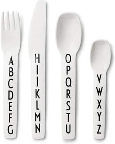 Design Letters Eat & Learn Tritan Besteck für Baby und Kinder, 4 stck. (Weiß) - BPA-frei, BPS-frei und EA-frei, mit A-Z-Alphabet-Druck, Drop-safe, spülmaschinenfest