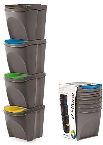 KrysGo 20 Litre Large Stackable Recycling Sorting Colour Coded Plastic Bins with Hinged Lids (4 x Grey)