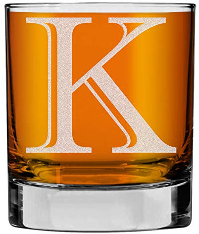 Etched Monogram 325ml Whiskey Rocks Glass (Letter K), A-Z Customised Bourbon Gin Rum Gifts Men, Personalised Whisky Tumbler Glass, Custom Engraved Gifts for Him, Initial, Name, Birthday, Retirement