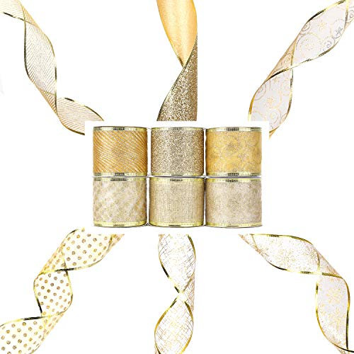 AIEX 6 Roll Weihnachtsband mit Draht, 6,35cm x 5,5m Geschenkbänder Goldenes Ripsband Glitzer Tüll Dekorationen für Geschenk Verpackungen an Weihnachten Feiertag und Geburtstag