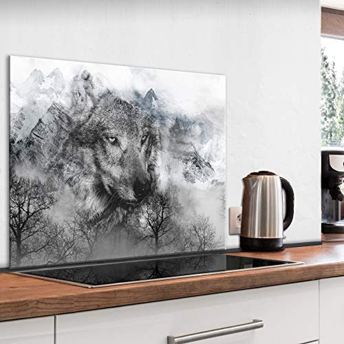 murando Spritzschutz Glas für Küche 80x60 cm Küchenrückwand Küchenspritzschutz Fliesenschutz Glasbild Dekoglas Küchenspiegel Glasrückwand Tierbilder Wolf schwarz - g-A-0212-aq-e