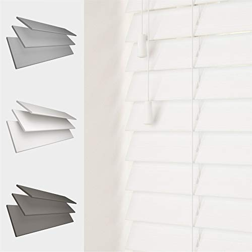 FAUX WOOD GRAIN VENETIAN BLINDS 50MM SLATS TRIMMABLE EASY FIT OFFICE HOME [White, 120cm Width x 120cm Drop, String]