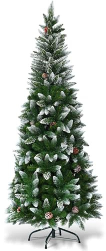 COSTWAY 180cm/220cm Künstlicher Bleistift Weihnachtsbaum mit Kiefernzapfen, schneebedeckter Tannenbaum mit Metallständer, Christbaum PVC Nadeln, Kunstbaum Weihnachten Klappsystem (180cm)