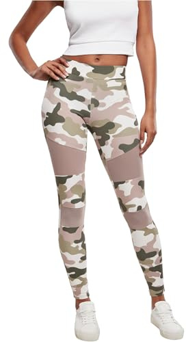 Urban Classics Women's Ladies Tech Leggings Comfortable Sport Pants, Stretchy Workout Trousers with Military Print and Mesh Inserts, Regular Skinny Fit, duskrose camo, 4XL