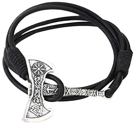 BMC-Designs BLACK LEATHER SILVER TONE VEGVISIR AXE WRISTBAND WRIST STRAP BAND BRACELET MENS WOMENS EXPANDS TO FIT MOST SIZES UK SELLER A69