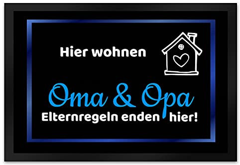 trendaffe - Hier wohnen Opa und Oma Fußmatte XL in 40x60 cm - Elternregeln Enden Hier in blau die Großeltern Schmutzfangmatte als Geschenk zum Geburtstag, Weihnachten oder Goldener Hochzeit