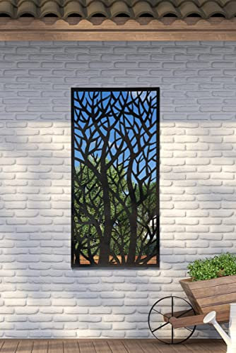 MirrorOutlet Metal Garden Screen Mirror Extra Large Tree Effect, Black, 120 x 60 cm