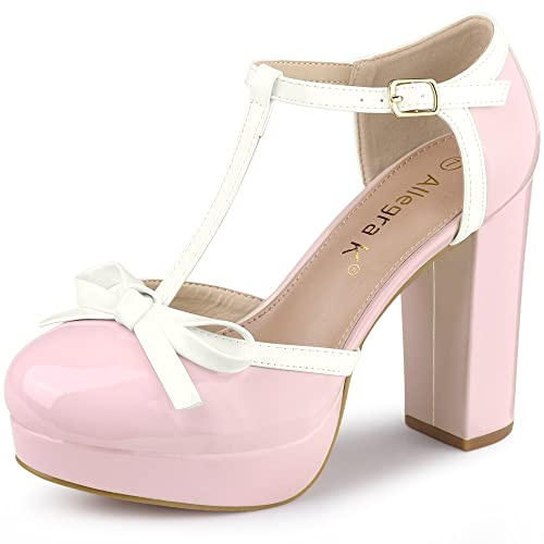 Allegra K Damen-Pumps mit Plateau-Schleife und T-Riemen,, Pink, 10