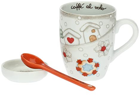 THUN - Set di Mug con Cucchiaino e Poggiabustina - Linea Regali d'inverno - Porcellana Decorata - Idea Regalo Natale 2022 - Poggia Bustina Ø 8 cm; Mug 300 ml Ø 8,5