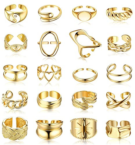 JeryWe 20 Stücke Damen Gold Ringe Set Boho Vintage Offene Chunky Fingerringe Set für Frauen Mädchen Verstellbar Stapelringe Knöchel Ring Vintage Punk Hohle Geknotet Feder Midi Bandring