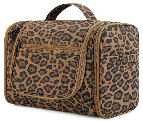 Large Hanging Toiletry Wash Bag Travel Makeup Cosmetic Organizer for Men Women by WANDF (Brown Leopard)