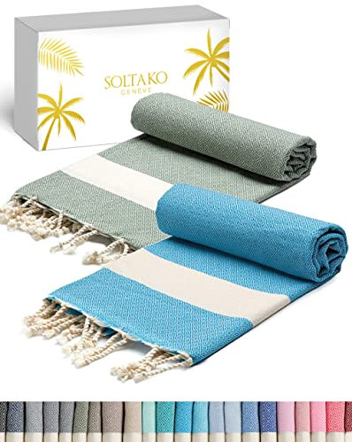 SOLTAKO XXL Strandtuch groß 100x200 Baumwolle Saunatuch Badetuch Hamamtuch Yoga Decke Pestemal Damen Herren Geschenkset extra groß leicht Türkis/Khaki