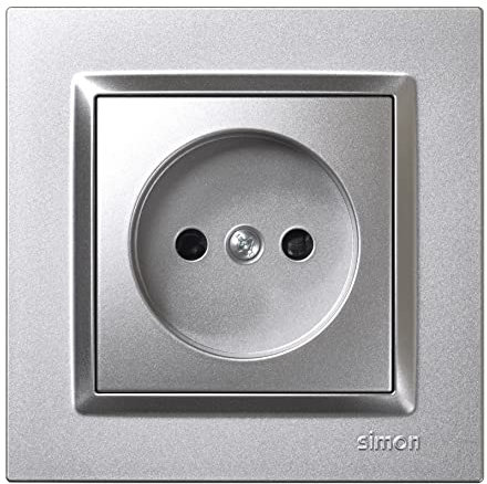 SIMON - Enchufe de Empotrar Bipolar, Serie Simon 10, 250V, 10 A, Enchufe de Pared Plano y Fino, Fácil de Instalar, Incluye Marco, Tapa y Mecanismo, Base de Enchufe Hembra Color Aluminio