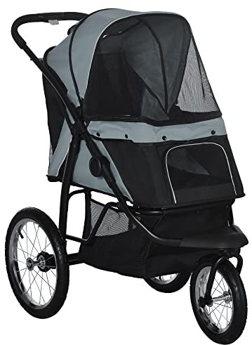 PawHut Dog Pram, Dog Stroller Jogger Foldable Pet Pushchair for Medium, Small Breeds, w/Rubber Wheels, Washable Cushion, Grey