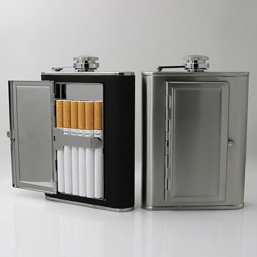 CNFLASK 6oz/180ml Brush Finsih Hip Flask with Built-in Cigarette Case & Funnel